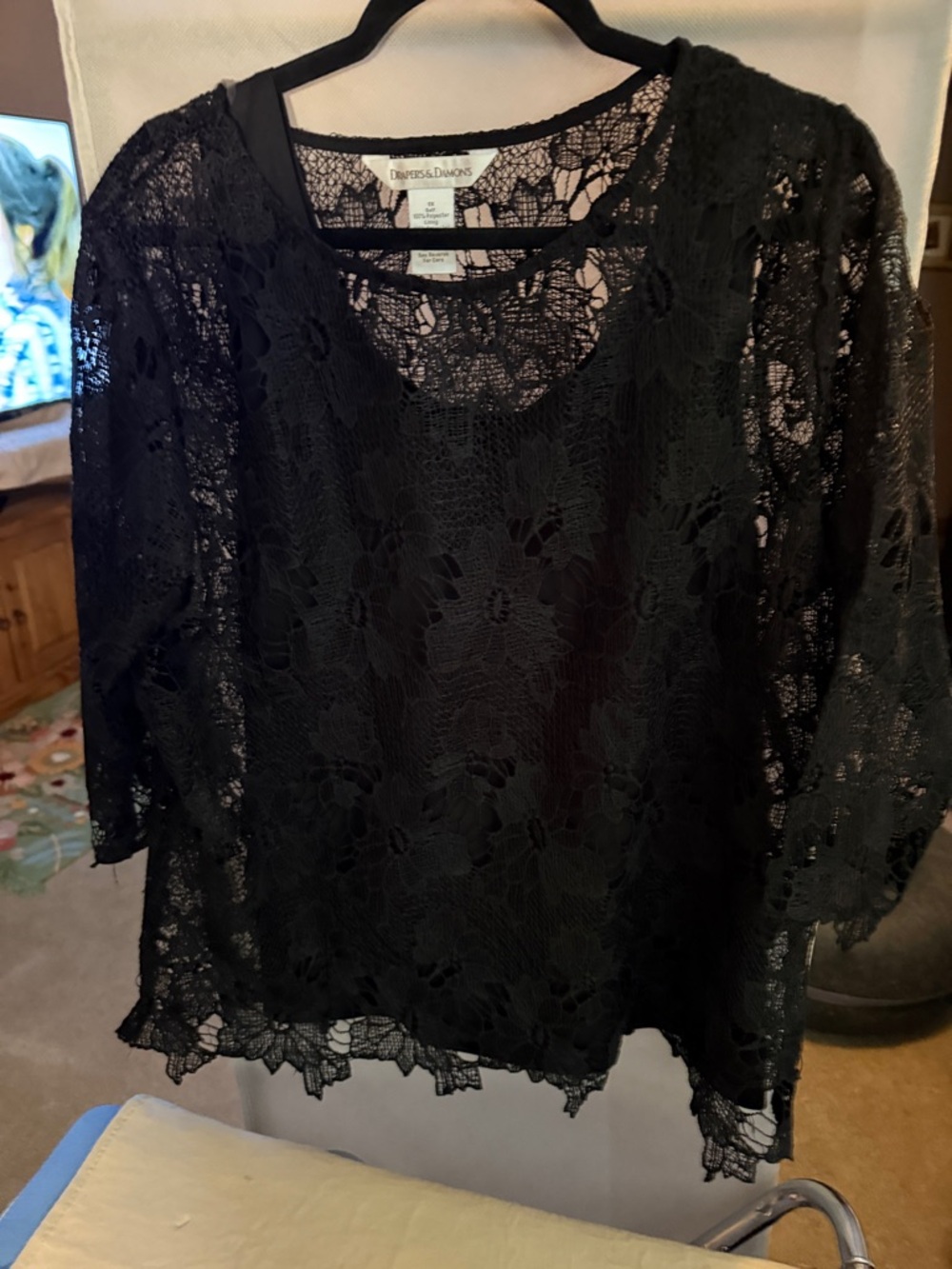 Draper’s & Damon’s Black Floral Lace Blouse with black camisole